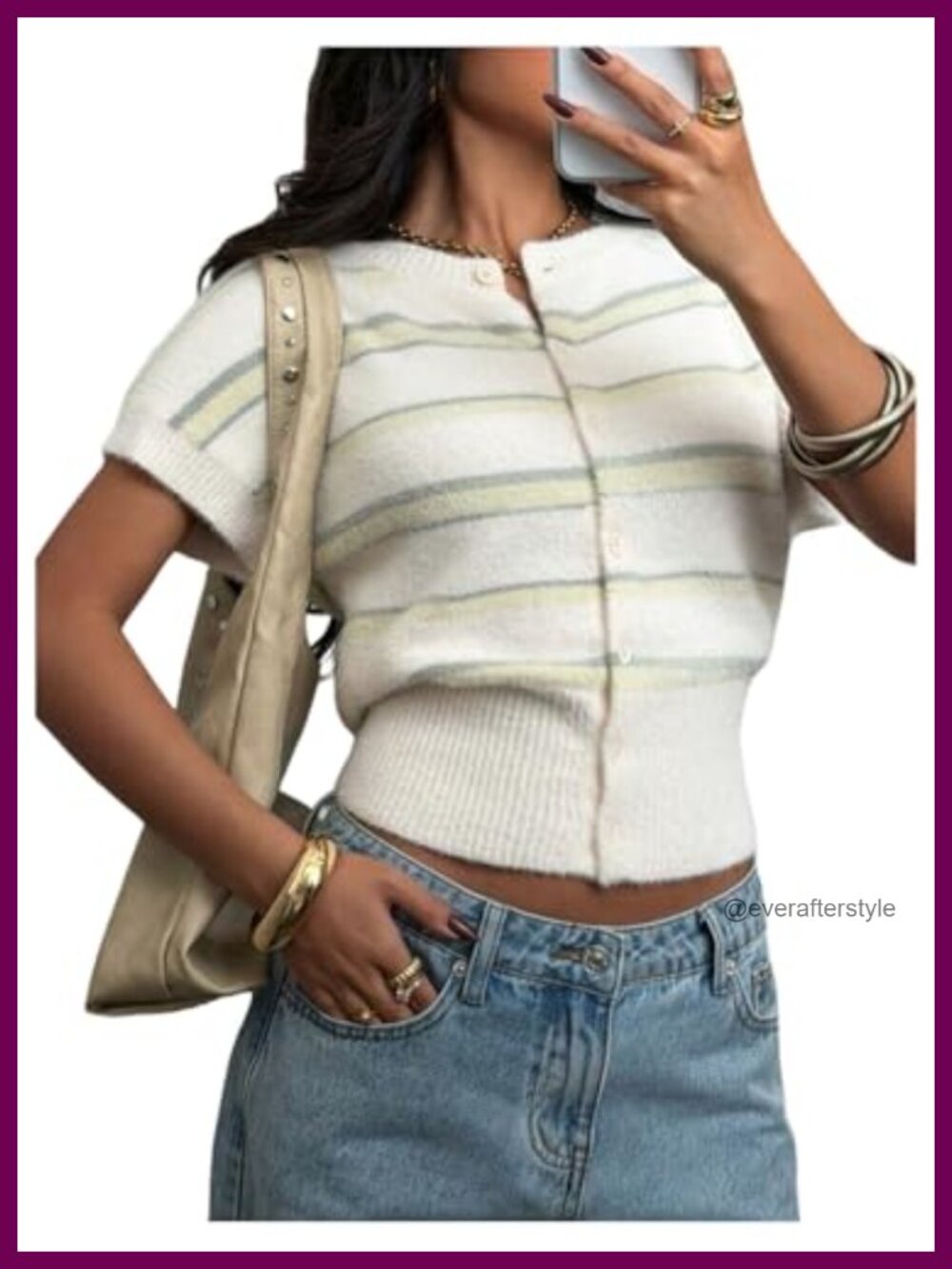 Striped Short Sleeve Cropped Cardigan Button Up Knit Sweater